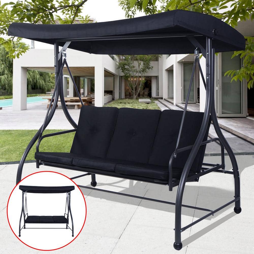 3 Seats Metal Patio Swing Hammock with Black Cushions and Adjustable Tilt Canopy price history on PriceWatchPro