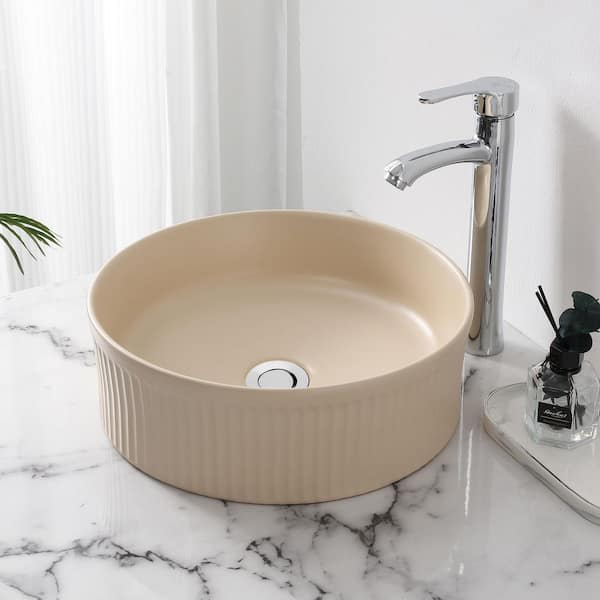 Element 14.75 in. W x 14.75 in. D Modern Designer Round Fluted Ceramic Bathroom Vessel Sink, Matte Beige