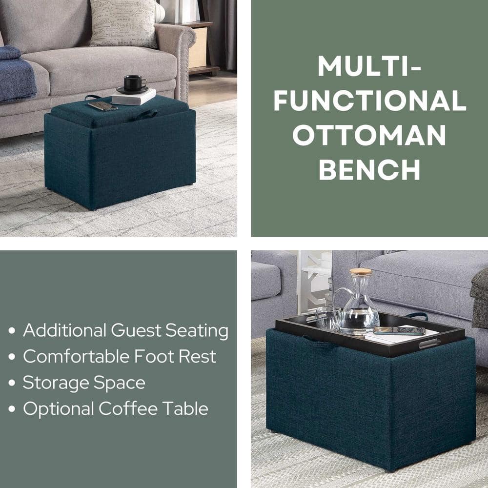 Dark Blue Fabric Storage Ottoman with Reversible Tray