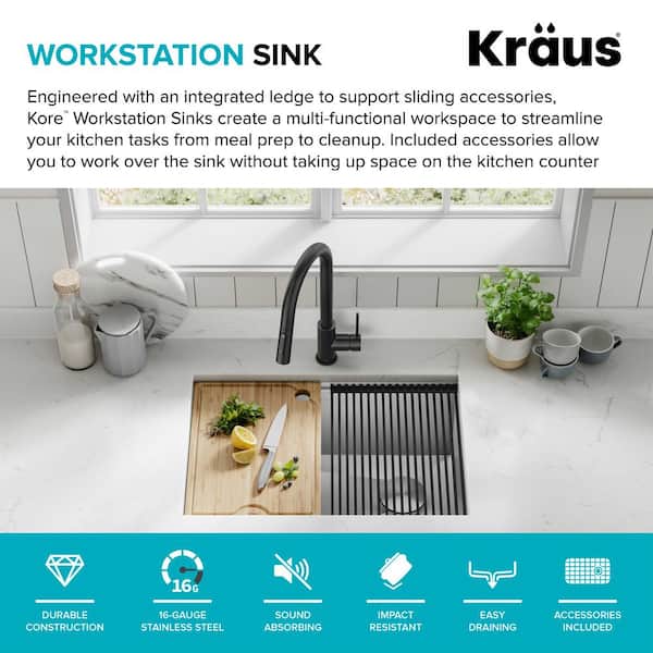 Kraus KWT311-15-316 Kore 15 inch Outdoor Workstation Drop-In 16 Gauge Marine Grade T-316 Stainless Steel Single Bowl Kitchen Bar Sink with Accessories