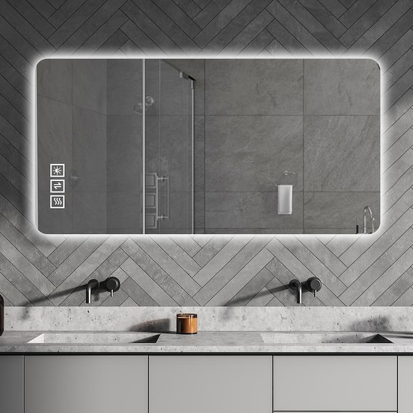 WELLFOR 48 in. W x 24 in. H Rectangular Frameless Anti Fog Wall Mount LED Backlit Anti-Fog ...