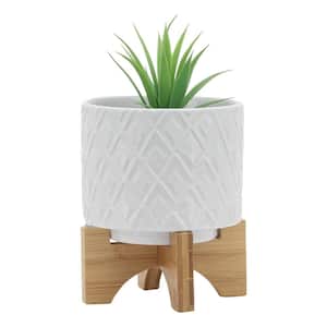 Container Width 5 in. Ceramic Planter with Wood Stand, White