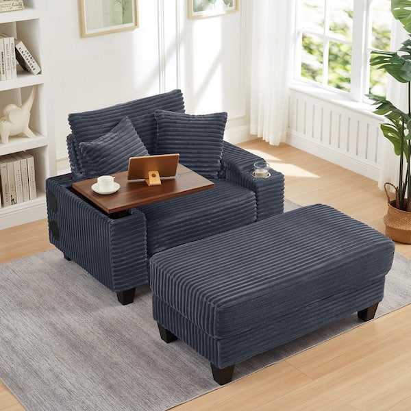 Quendral Dark Gray Fluffy Corduroy Storage Sofa Accent Armchair with Ottoman Cup Holder Bluetooth Speaker USB Ports