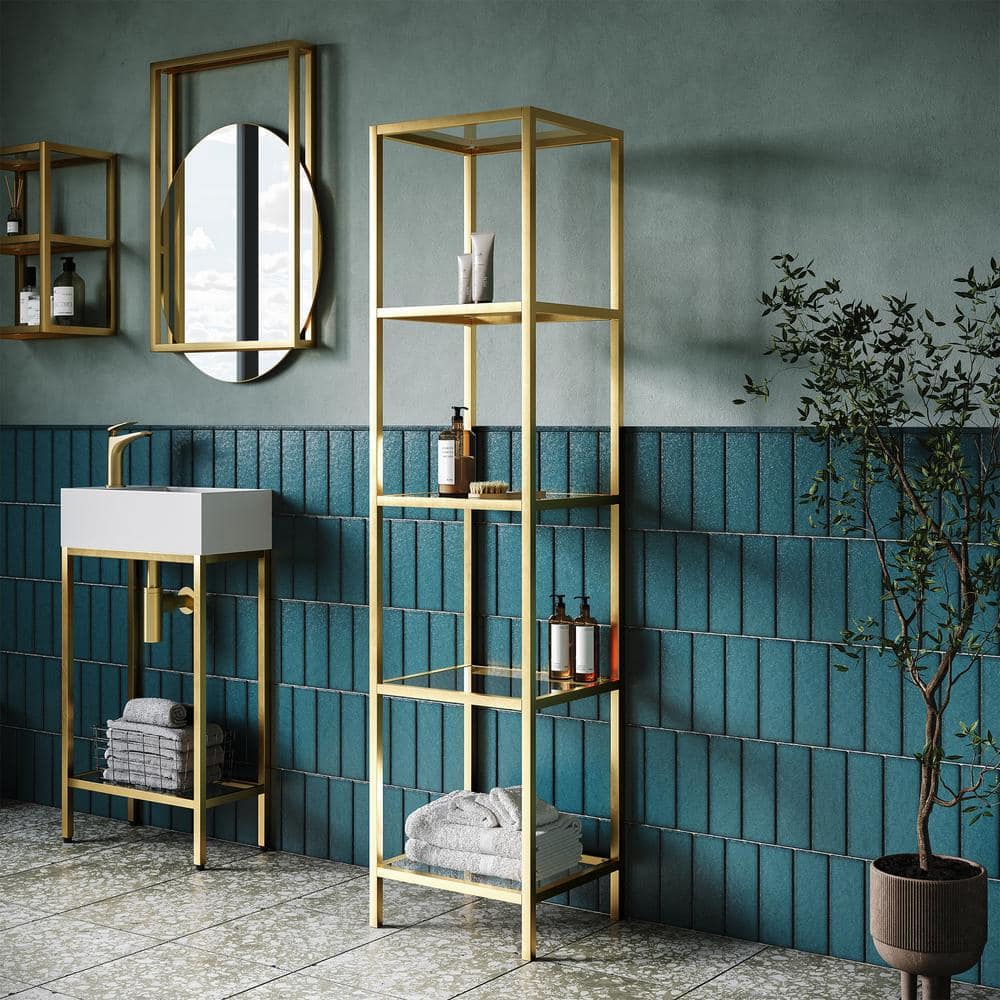 Pierre Brushed Gold Freestanding Linen Cabinet with Glass Shelves