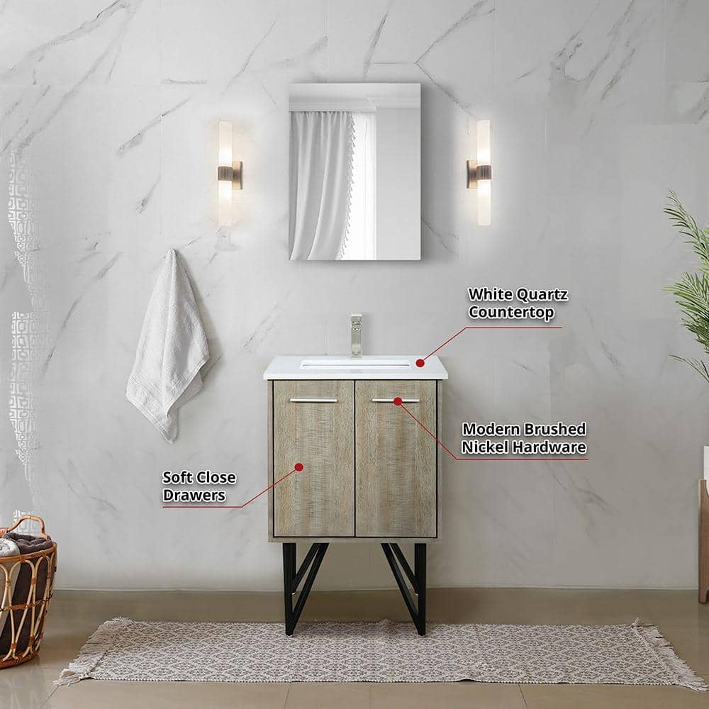 Rustic Acacia 24" Vanity with White Quartz Top and Frameless Mirror