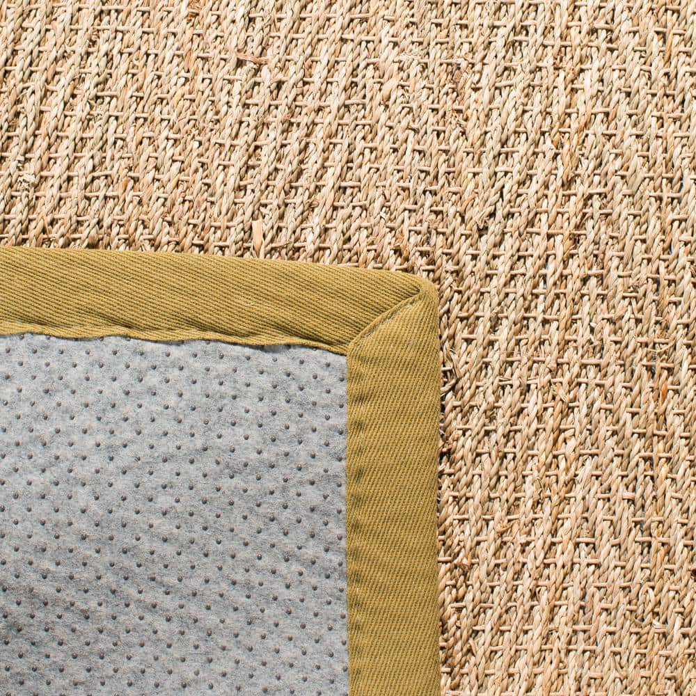 Natural Herringbone Seagrass Area Rug with Olive Border