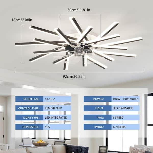 36.22 in. Black Modern Low Profile Standard Flush Mount Ceiling Fan with Dimmable Integrated LED and Remote Included