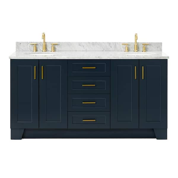 Taylor 67" W x 22" D x 35.25" H Double Sink Freestanding Bath Vanity in Midnight Blue with Carrara White Marble Top