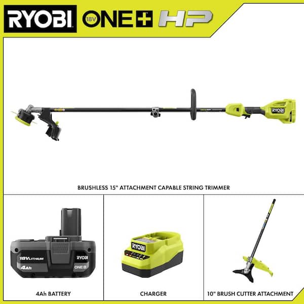 ONE+ HP 18V Brushless 15 in. Attachment Capable String Trimmer & Brush-Cutter Attachment w/ 4.0 Ah Battery & Charger