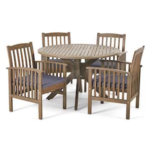 Casa Acacia Grey 5-Piece Acacia Wood Round Table with X-Legs Outdoor Dining Set with Dark Grey Cushions