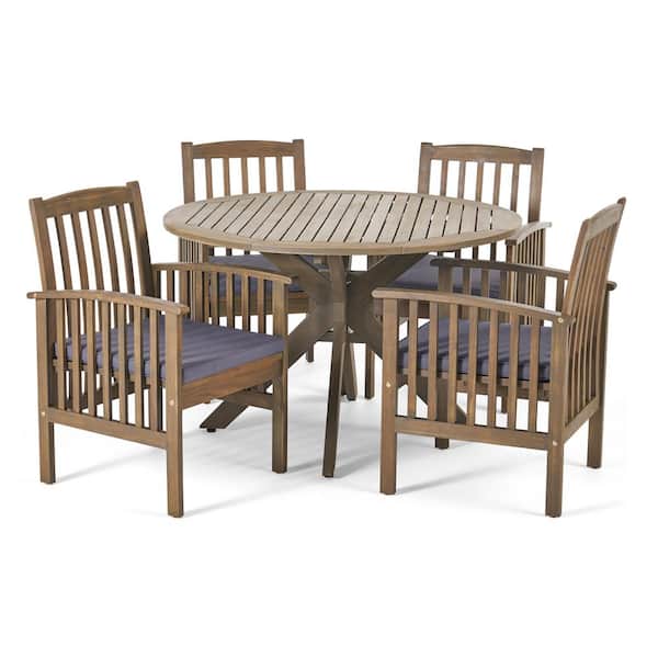 Casa Acacia Grey 5-Piece Acacia Wood Round Table with X-Legs Outdoor Patio Dining Set with Dark Grey Cushions