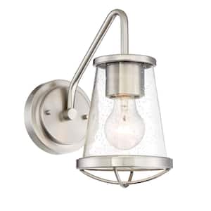 Darby 5.75 in. 1-Light Satin Platinum Industrial Wall Sconce with Clear Seeded Glass Shade