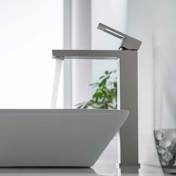 Single Hole Cubic Single Handle Bathroom Vessel Sink Faucet with Pop Up Drain in Brushed Nickel
