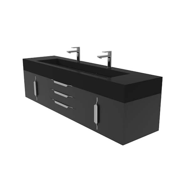 castellousa 72 in. W x 19 in. D x 20 in. H Single Sink Bath Vanity in Matte Black with Chrome Solid Surface Black Solid Surface Top