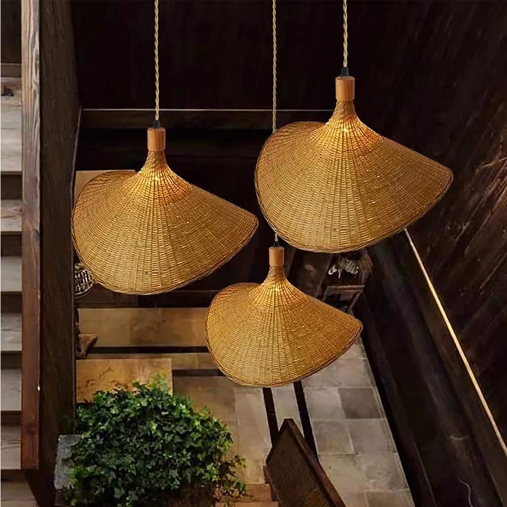 Island-Vibe Triple Hat-Shaped Rattan Pendant Light - Tan