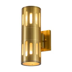 11.75 in. 2-Light Plated Gold Die-Cast Aluminum Cylinder Hardwired Outdoor Wall Lantern Sconce