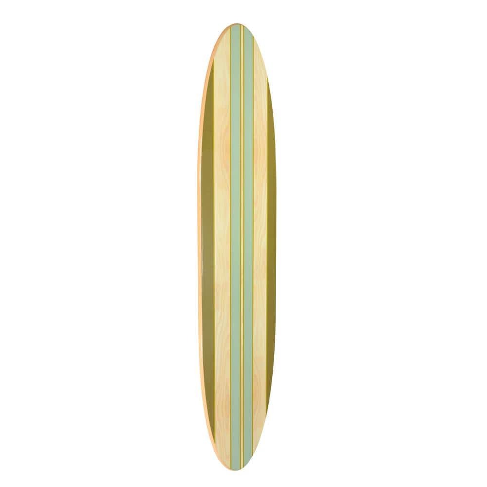 Green and Light Brown Striped Wooden Surfboard Wall Decor