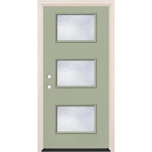 36 in. x 80 in. Right-Hand/Inswing 3-Lite Rain Glass Cypress Painted Fiberglass Prehung Front Door w/6-9/16 in. Frame