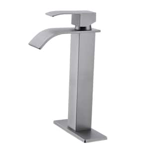 Single Handle Waterfall Bathroom Vessel Sink Faucet with Deck Plate 1 Hole High Tall Bathroom Faucets in Brushed Nickel