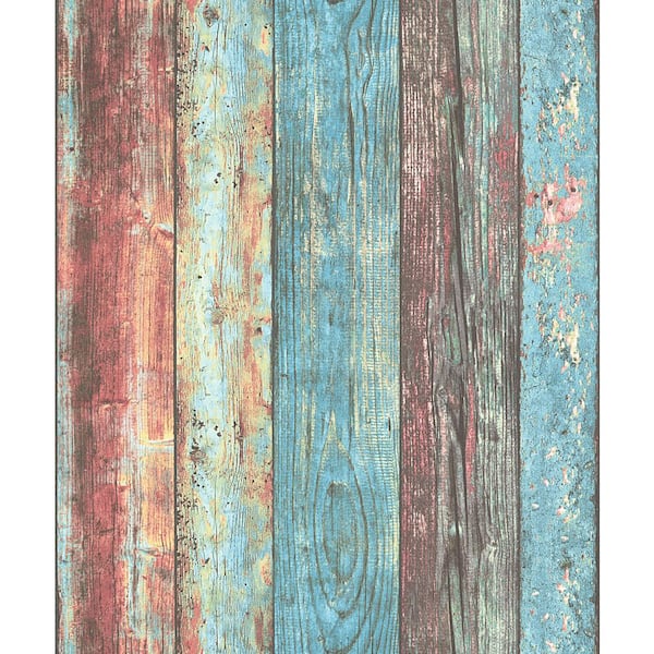 Unbranded Woods and Wicker Collection Blue/Red Colorful Broad Wood Stripe Matte Finish Vinyl NonWoven NonPasted Wallpaper Sample