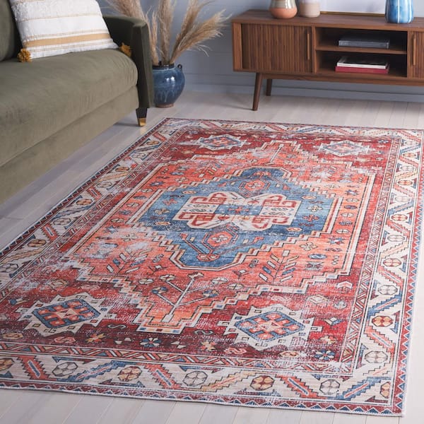 Arizona 4 ft. x 6 ft. Red/Blue Machine Washable Medallion Traditional Area Rug