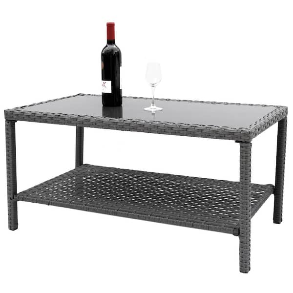 Glass Top For Outside Patio Storage, Outdoor Wicker Console Table With Storage