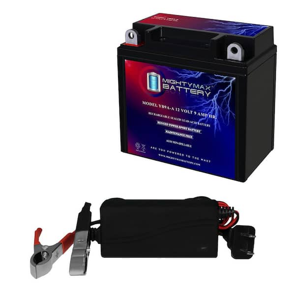 YB9A-A -12 Volt 9 AH, 130 CCA, Rechargeable Maintenance Free SLA AGM Motorcycle Battery + 12V 1AMP Charger