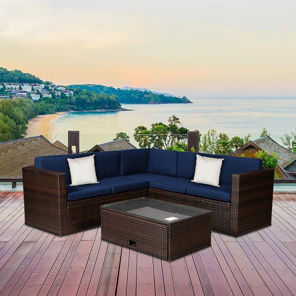 Harper & Bright Designs 4Piece Brown Wicker Outdoor Sectional Sofa Set