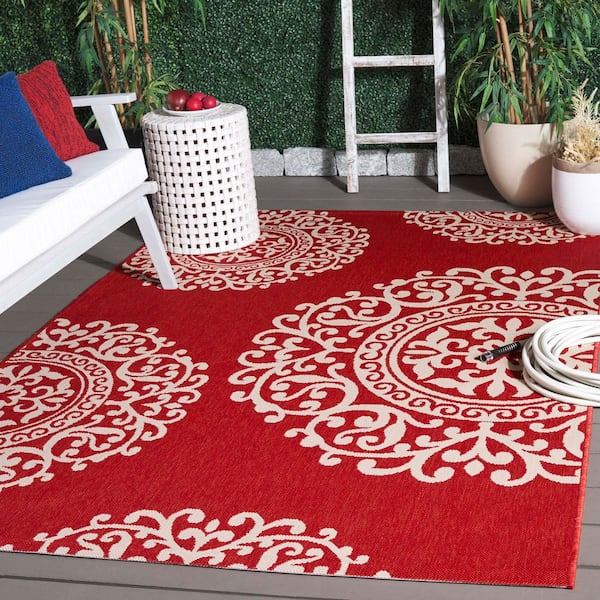 Courtyard Red/Beige 5 ft. x 8 ft. Ornate Geometric Indoor/Outdoor Area Rug