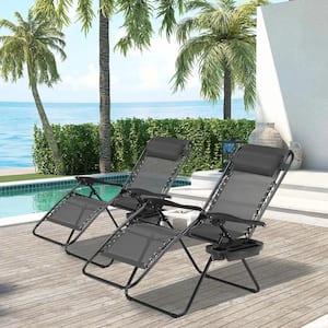 Black Folding Zero Gravity Metal Patio Outdoor Chaise Lounge Chair with Headrest (Set of 2)