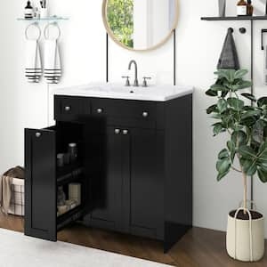 30 in. W Single Sinks Freestanding Bath Vanity in Black with White Ceramic Top and Double-Layer Deep Drawer