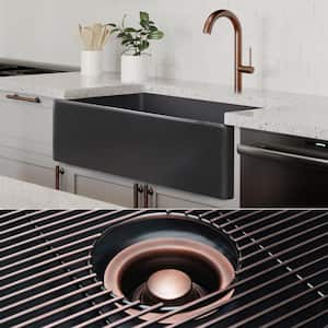 Luxury Matte Black Solid Fireclay 33 in. Single Bowl Farmhouse Apron Kitchen Sink with Antique Copper Accs