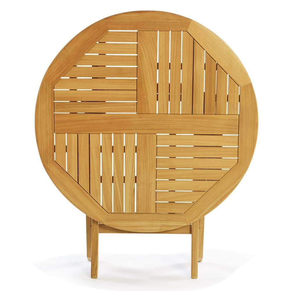 Light Brown Round Teak Folding Outdoor Dining Table