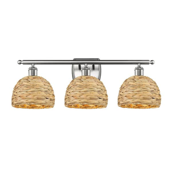 Woven Rattan 28 in. 3-Light Satin Nickel Vanity Light with Rattan Shade