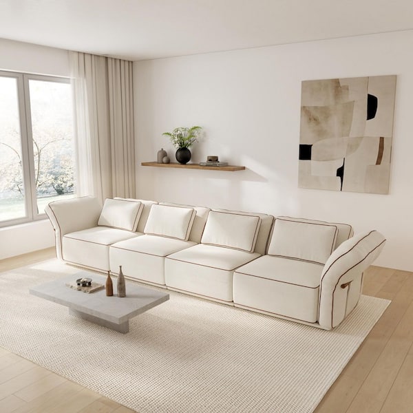 162.22 in. Flared Arm 4-Piece Boucle Fabric Modular Sectional Sofa with Removable Covers in Ivory