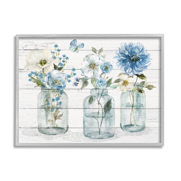 The Stupell Home Decor Collection Blue Country Jar Bouquets Design by Livi Finn Framed Nature Art Print 14 in. x 11 in.