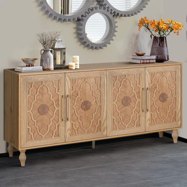 Earl Brown MDF Wood 62.99 in. Storage Cabinet Sideboard with Handle, Carved Flower Door, Adjustable Shelves, Natural