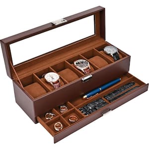 Coffee 6 Slot Watch Box with Drawer, Luxury Watch Display Case, Jewelry and Watch Storage Watch Organizer for Men Women