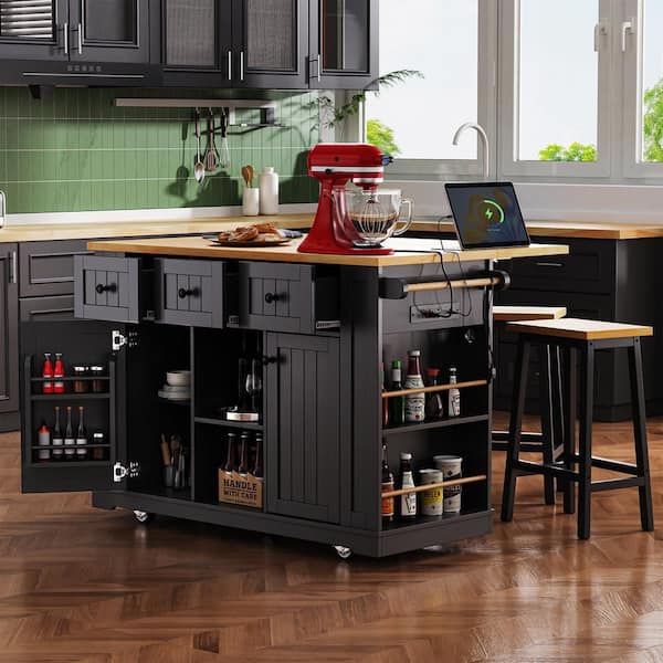 53 in. Black Kitchen Cart Island with 2 Bar Stools, Power Outlet, Storage Racks, Drop Leaf, Drawers, and Wheels