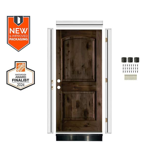 DIY 32 in. x 80 in. Knotty Alder Right-Hand Top Arch Black Stain Single Wood Front Door Kit w/ Quick Assemble Jamb