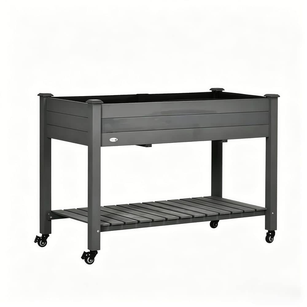 Outdoor Mobile Raised Garden Bed with Wheels and Storage Shelf, Elevated Fir Wood Planter Box, 21.75 in. x 46.5 in. Gray
