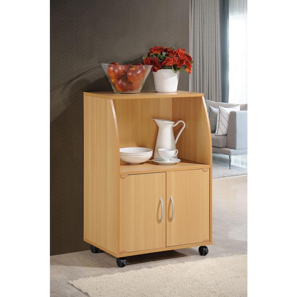 Beech Wood Microwave Cart with Storage and Locking Wheels