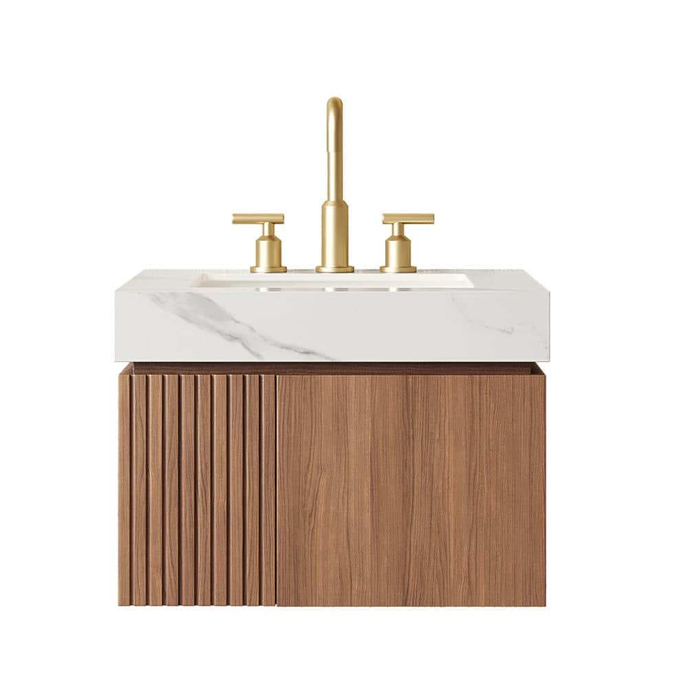 24 in. Floating Brown Oak Bath Vanity with Carrara White  Sintered Stone Top and Ceramic Basin price history on PriceWatchPro