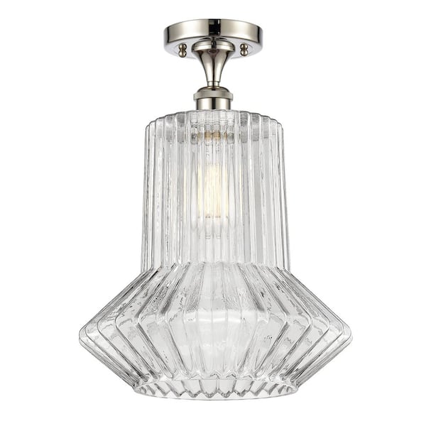 Springwater 12 in. 1-Light Polished Nickel Industrial Semi-Flush Mount with Clear Glass Shade