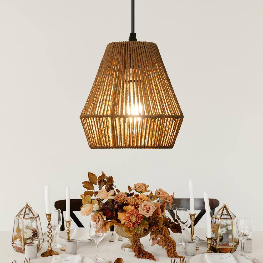 Adjustable Natural Rattan and Wood Pendant Light Set