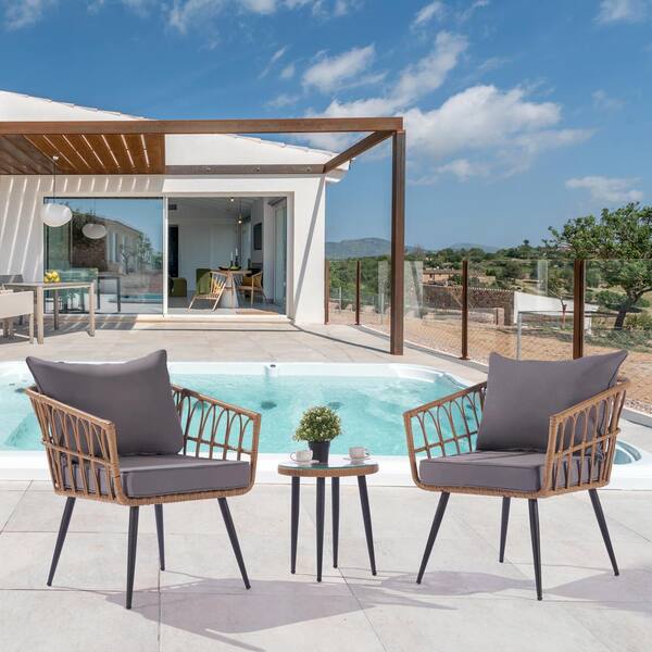 SANSTAR 3-Pieces Rope Patio Bistro Set All-Weather Rattan Patio Furniture Set with Table & Gray Cushions