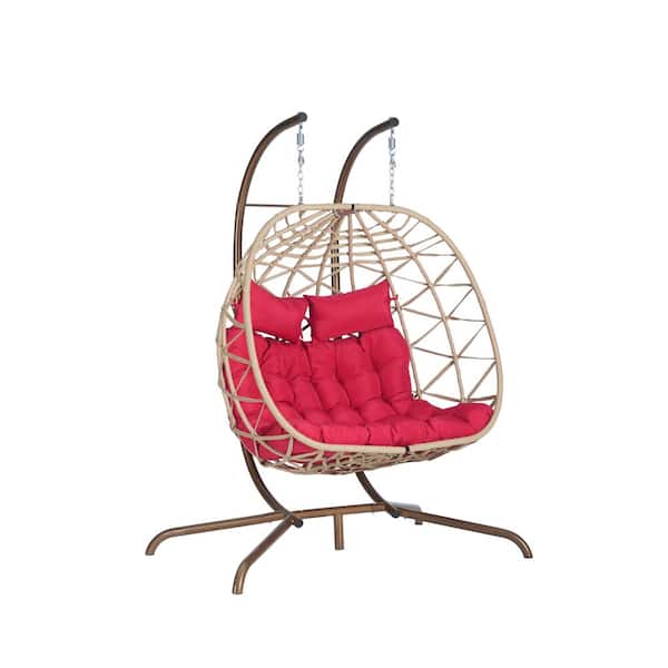 Unbranded 2-Person Beige Wicker Patio Swing with Red Cushions, Double Egg Chair Porch Swing Chair with Stand Hanging for Balcony