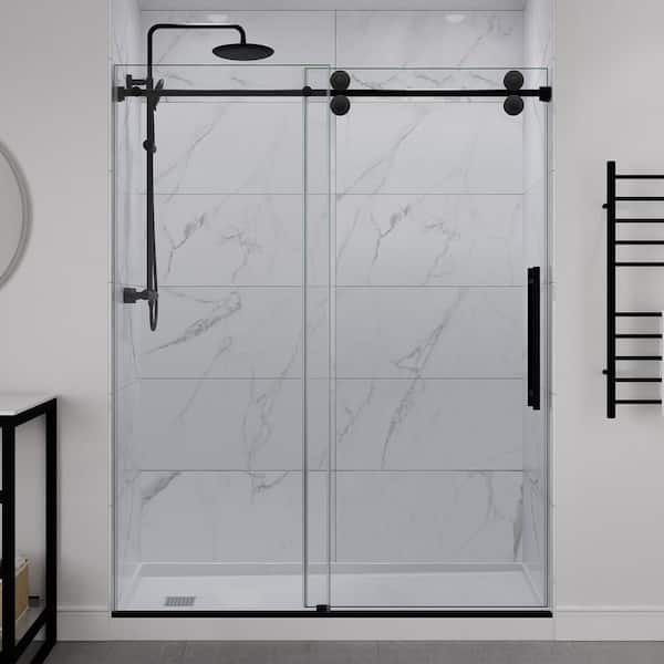Ozean 56 to 60 in. W x 76 in. H Frameless Sliding Shower Door in Matte Black with Tsunami Guard Tempered Clear Glass
