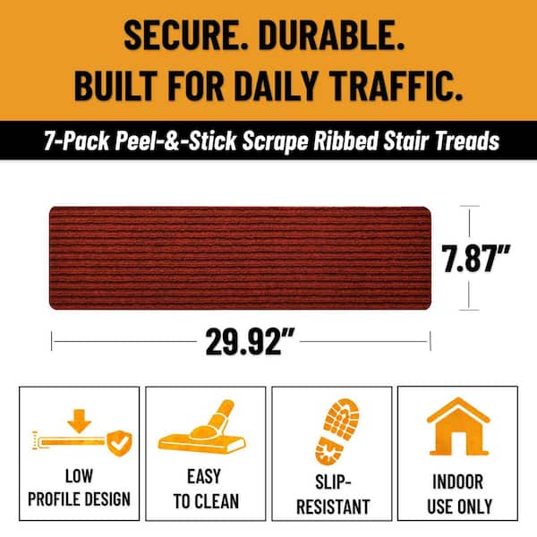 Non-Slip 7.8 in. x 29.9 in. Peel and Stick Carpet Step Covers for Indoor Wood Stair Tread Cover (7-Pack), Red