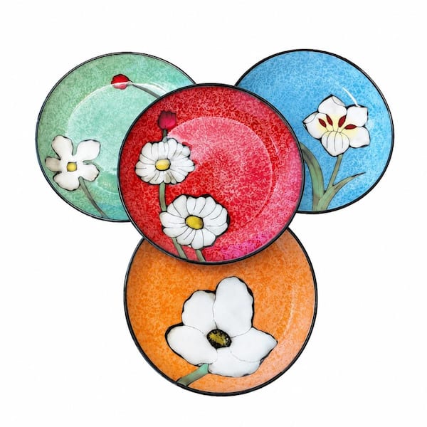 8 in Ceramic Dinner Plates Set of 4 with Underglaze Floral Patterns Dishwasher Microwave and Oven Safe